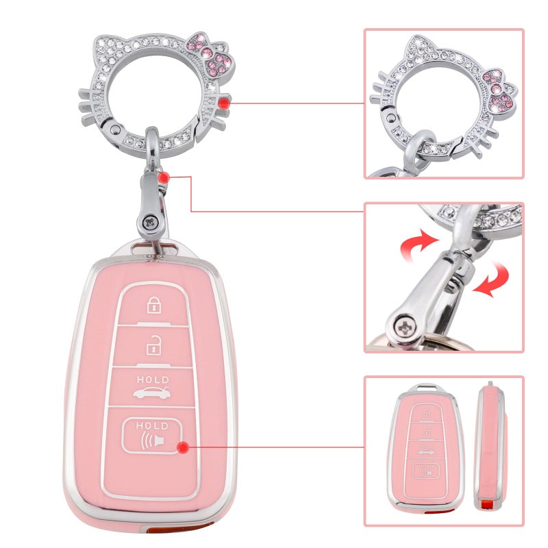 Pangpai Pink Key Fob Cover for Toyota, Soft TPU Key Case Protection with Bling Keychain Fit for 2018-2022 Camry RAV4 Highlander Avalon C-HR Prius Corolla GT86 Smart Key Holder - Image 4